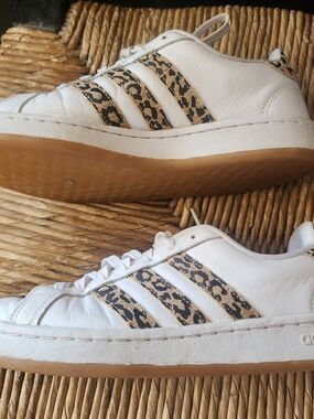 adidas White Sneakers with Tan Leopard Accent Size 8.5